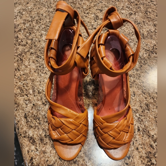 ULLA JOHNSON Braided Leather Ankle-Tie Wood-Heel Sandals - Tan - Size 40/10 - Picture 3 of 10